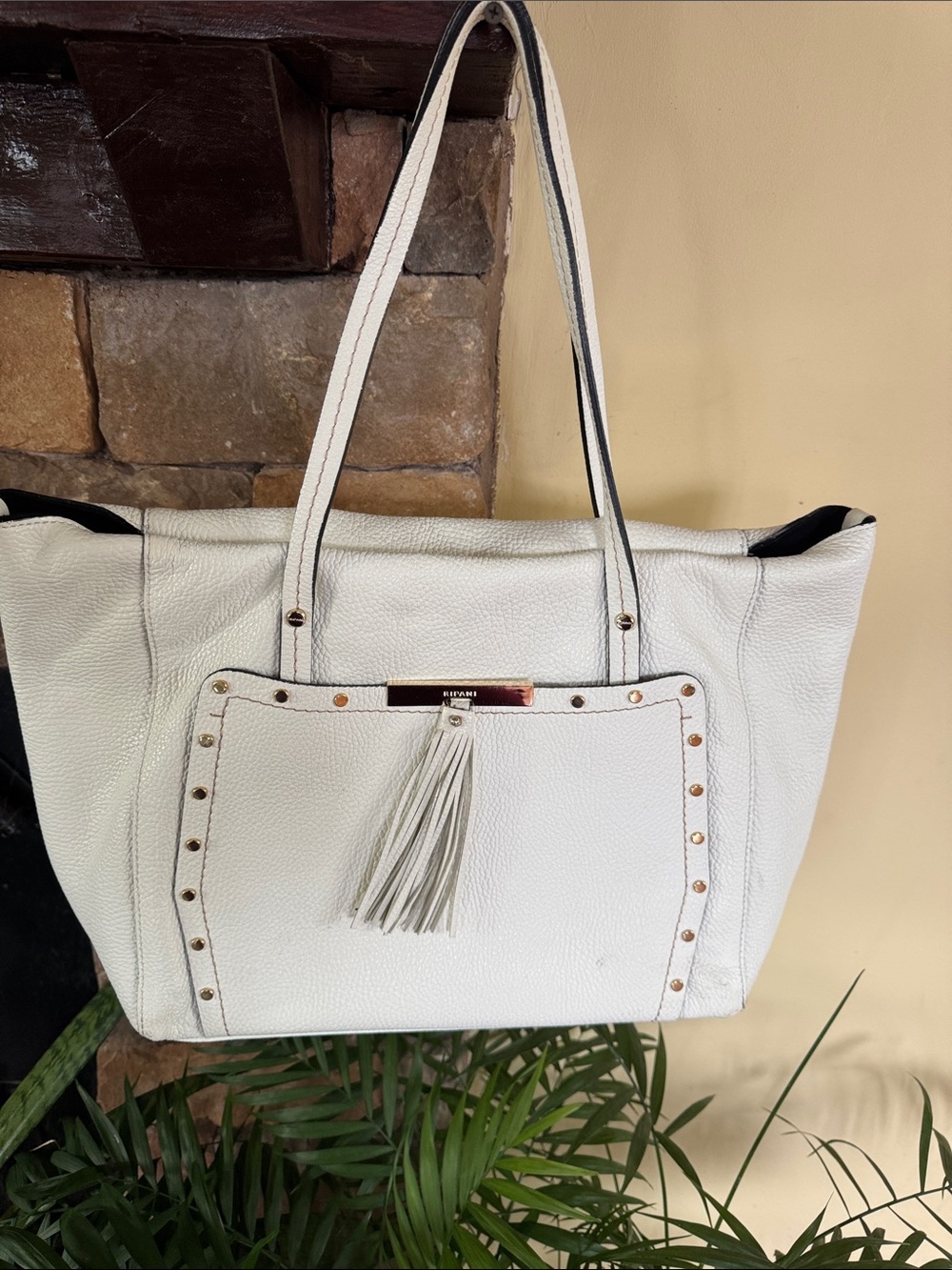 White Leather Tote Bag with Tassel Detail